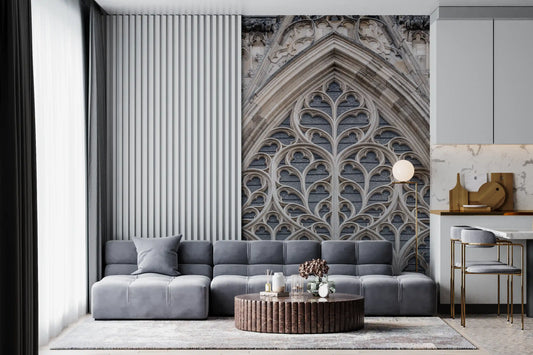Architectural wall mural featuring detailed Gothic window design