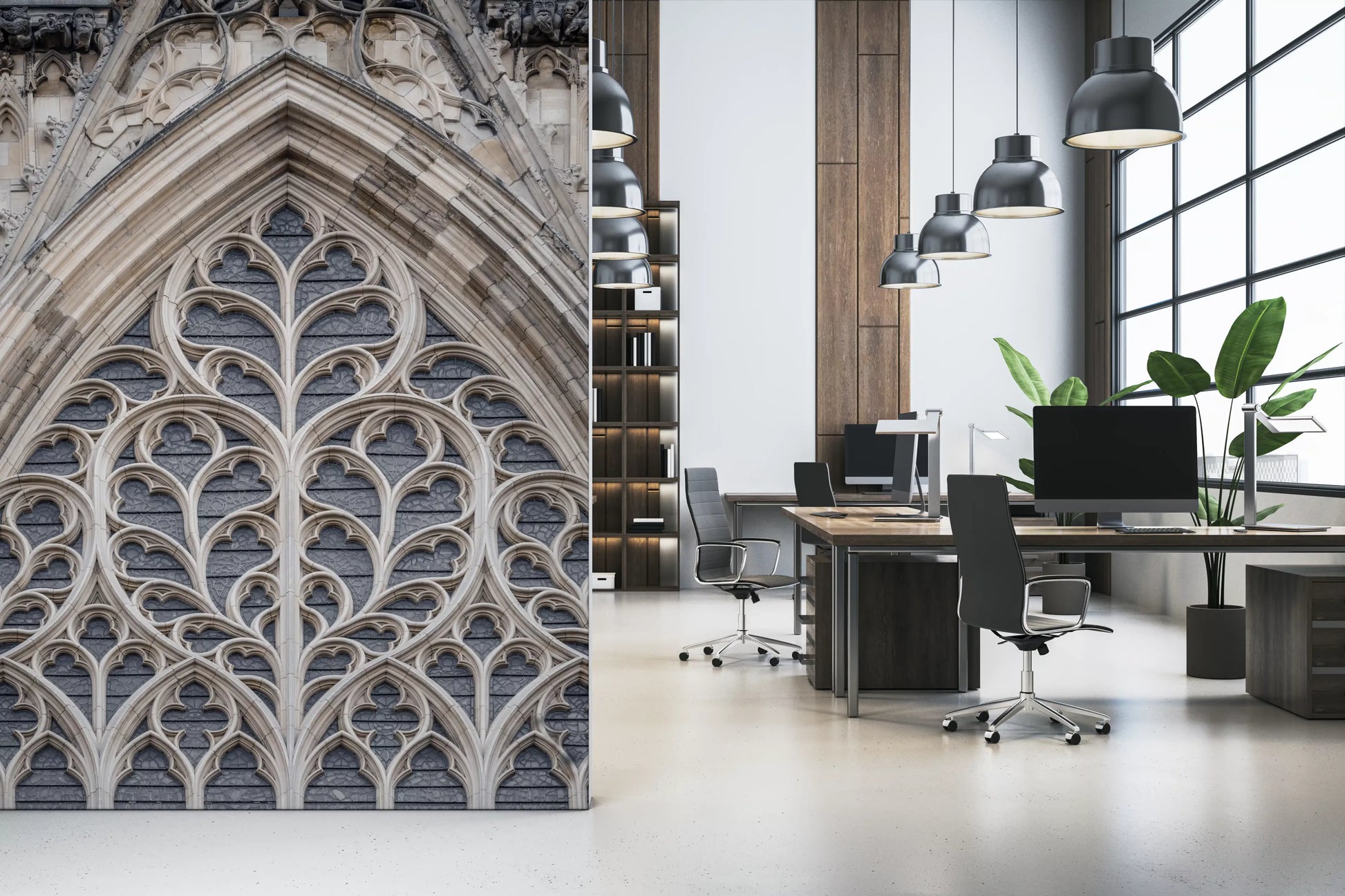 Gothic architecture wall mural with elegant window tracery