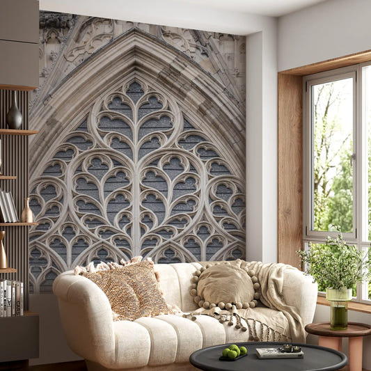 Gothic window wall mural with ornate stone arches and tracery