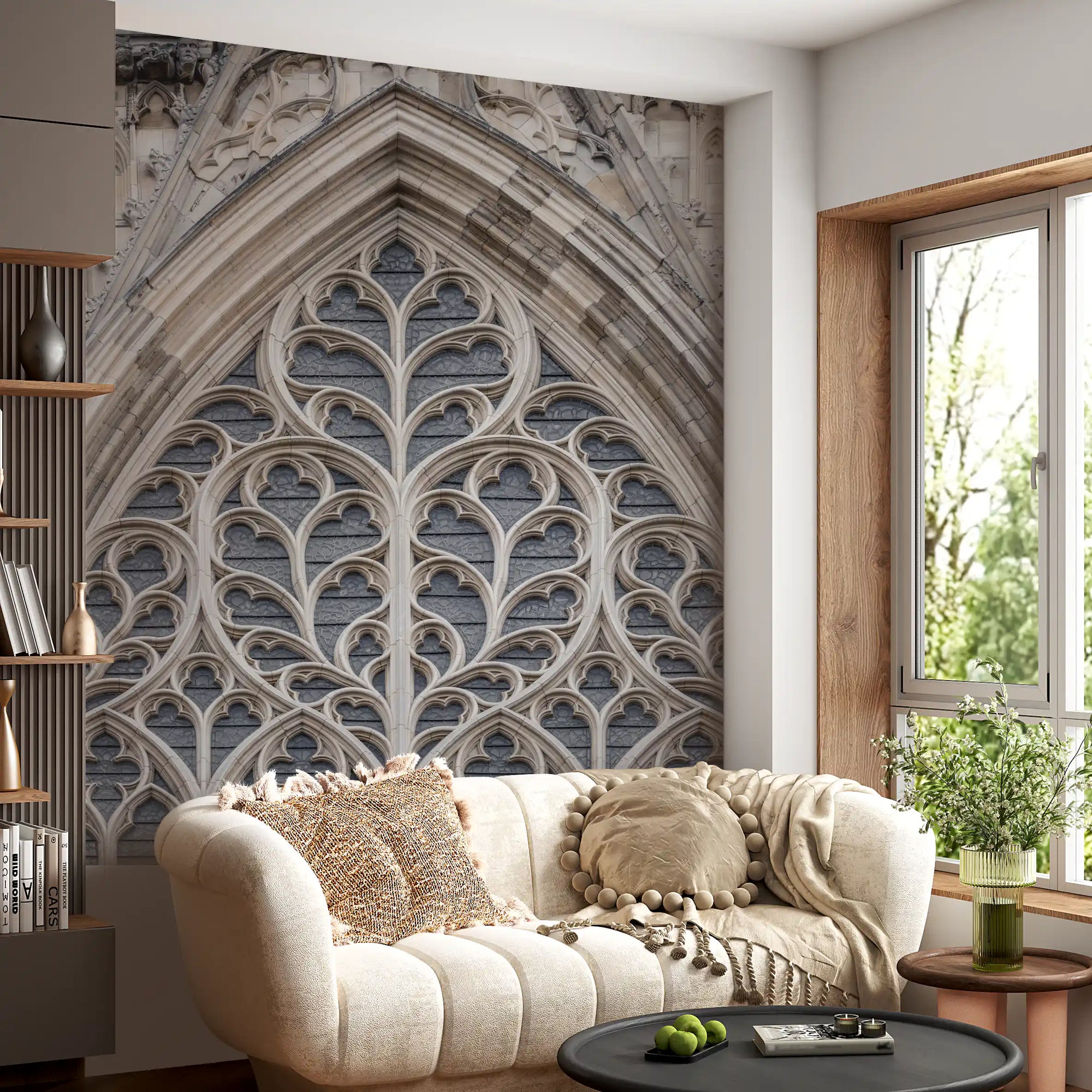 Gothic window wall mural with ornate stone arches and tracery