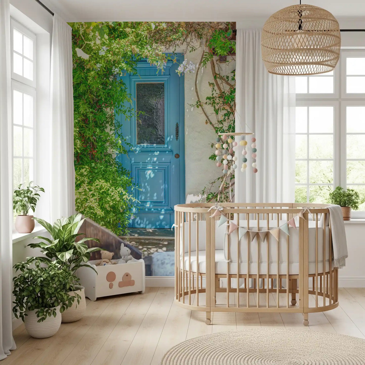 Rustic doorway wall mural with calming blue and cream tones