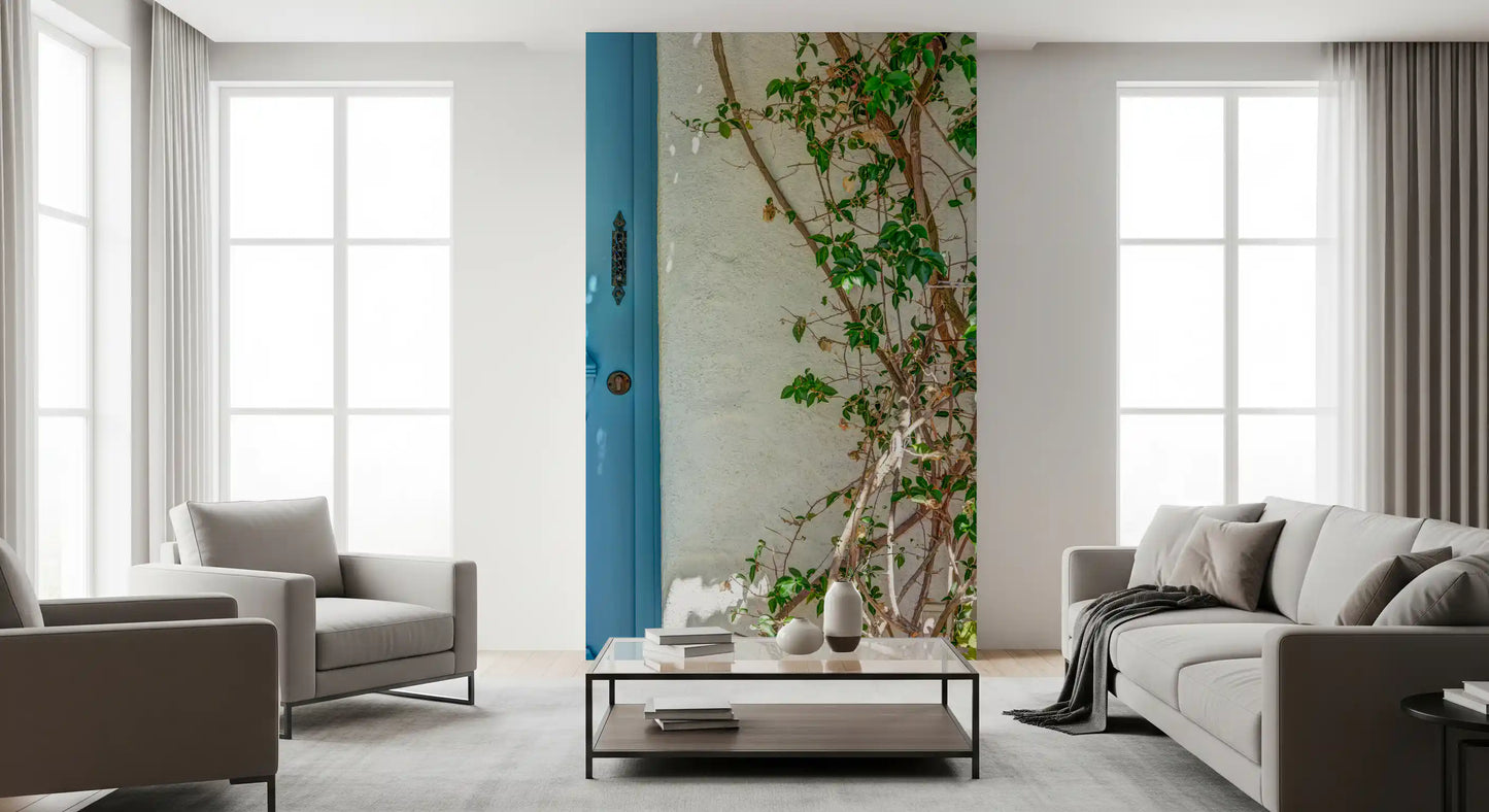 Textured wall mural featuring a serene blue doorway scene