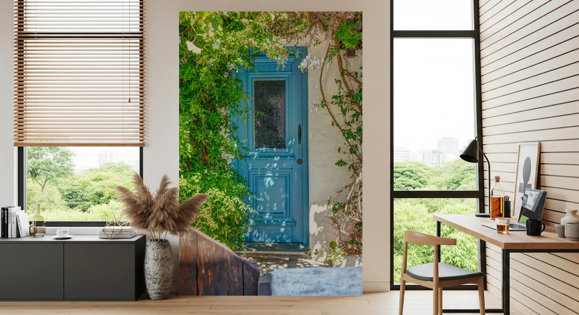 Coastal doorway wall mural with white and blue accents