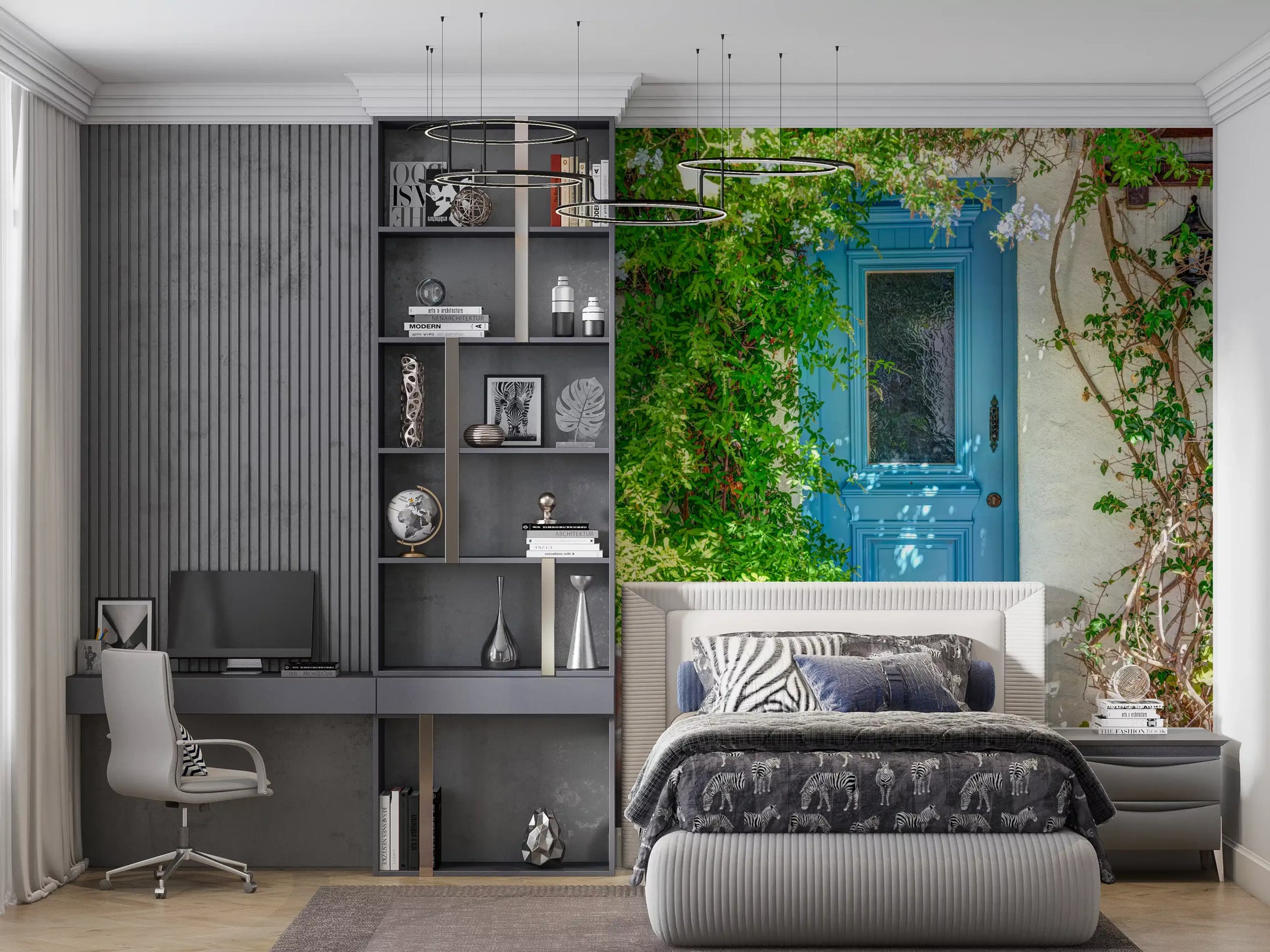Azure door wall mural showcasing charming coastal architecture