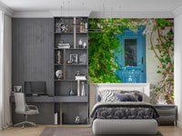 Azure door wall mural showcasing charming coastal architecture