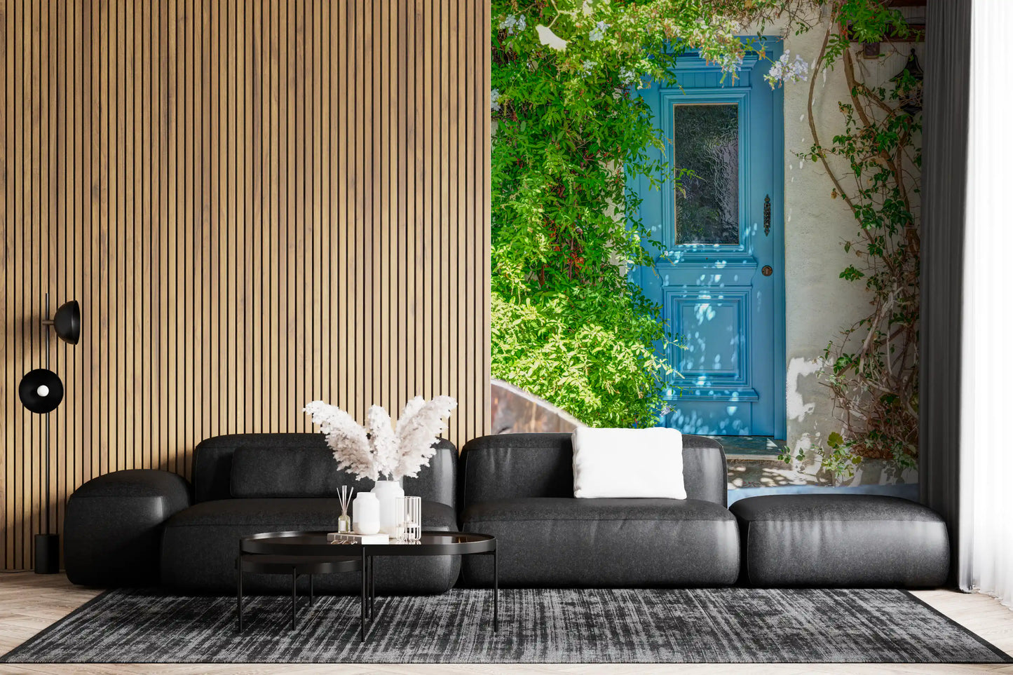 Blue entrance wall mural with rustic architectural details