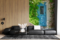 Blue entrance wall mural with rustic architectural details