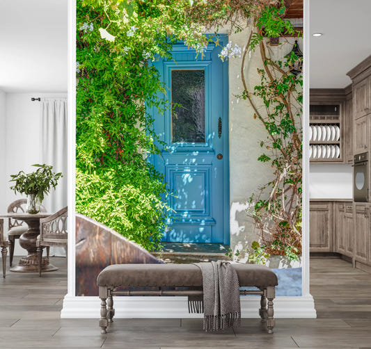Mediterranean entrance wall mural featuring vibrant blue doorway