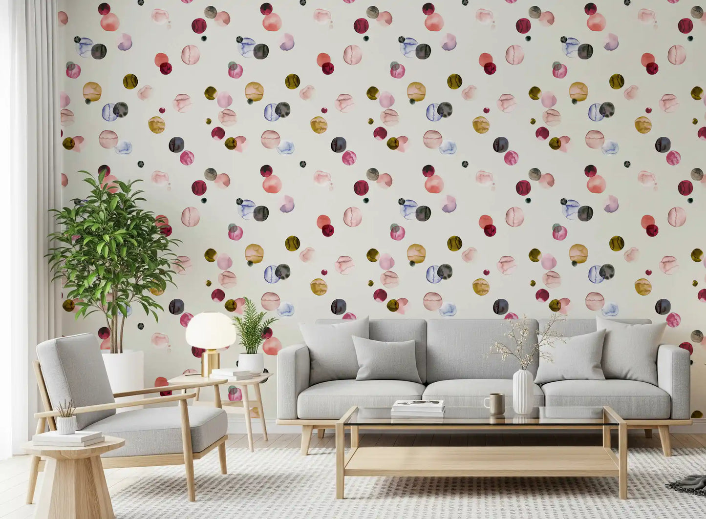 Painted circle wallpaper with terracotta and beige accents
