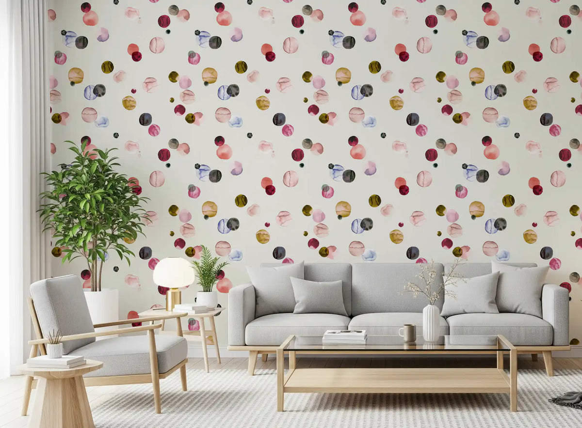 Painted circle wallpaper with terracotta and beige accents

