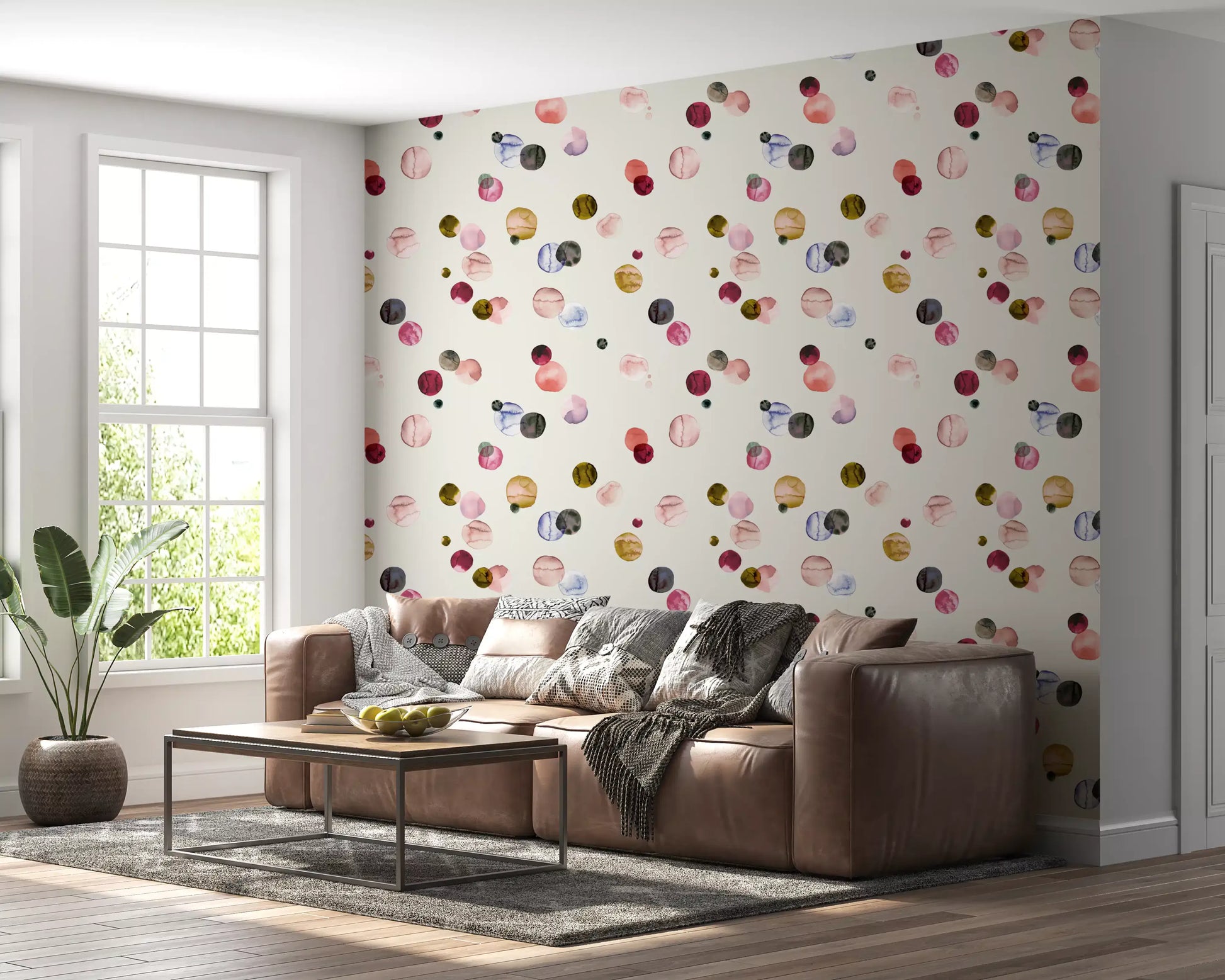 Warm watercolor dots wallpaper with muted natural colours
