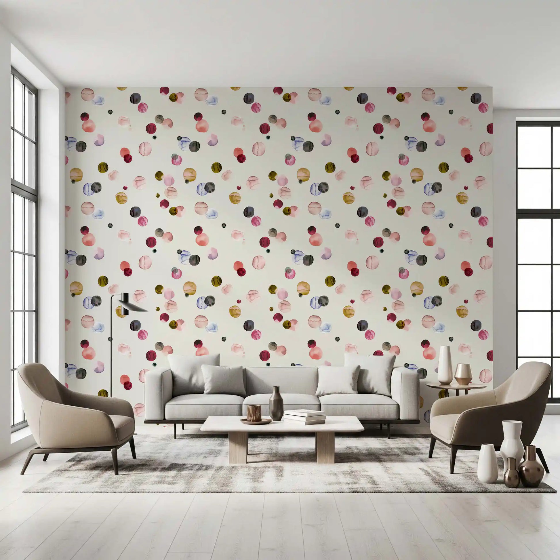 Earthy wallpaper with repeating hand painted dot pattern
