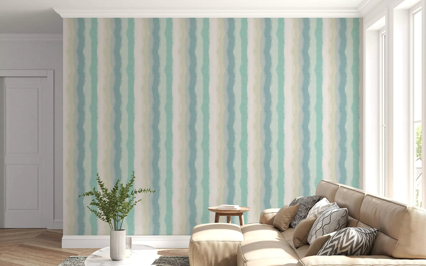 Contemporary wallpaper with watery blue stripe details
