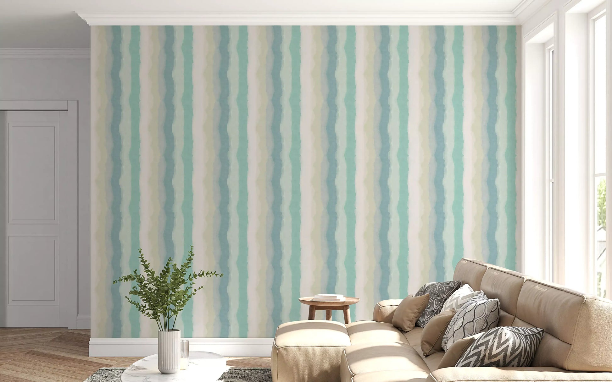 Contemporary wallpaper with watery blue stripe details
