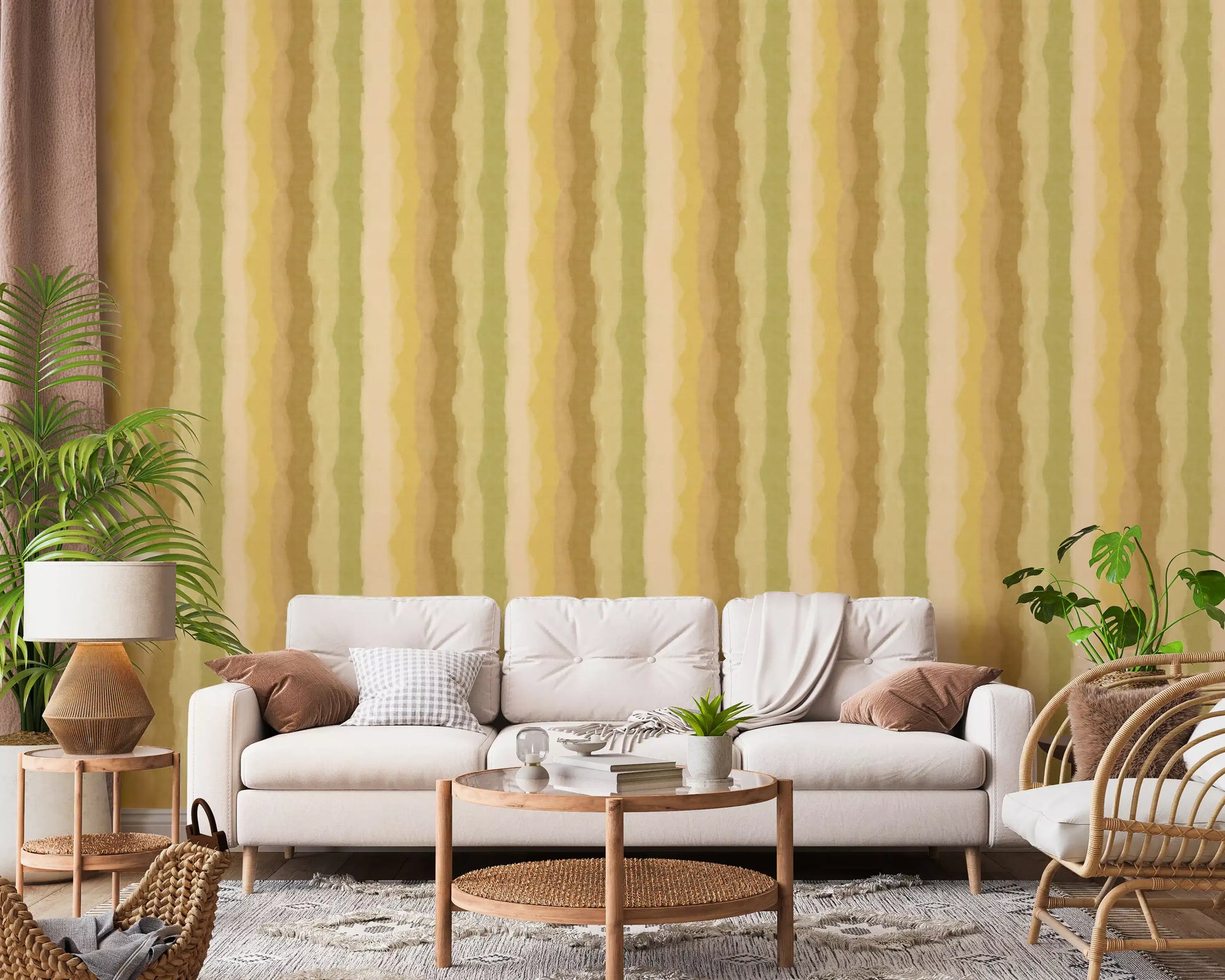 Minimalist stripe wallpaper with soft green brush textures

