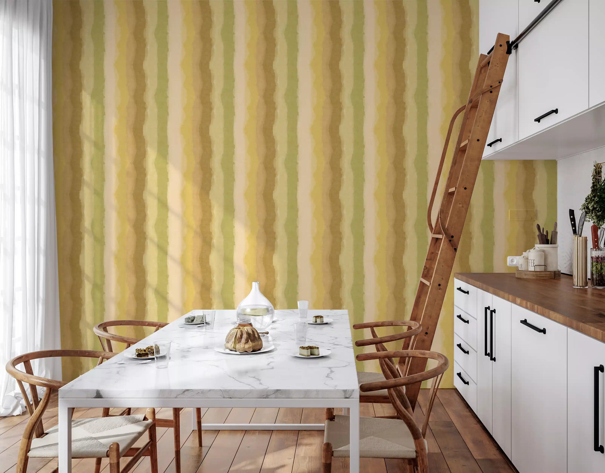 Green painted stripes wallpaper with soft watercolor texture
