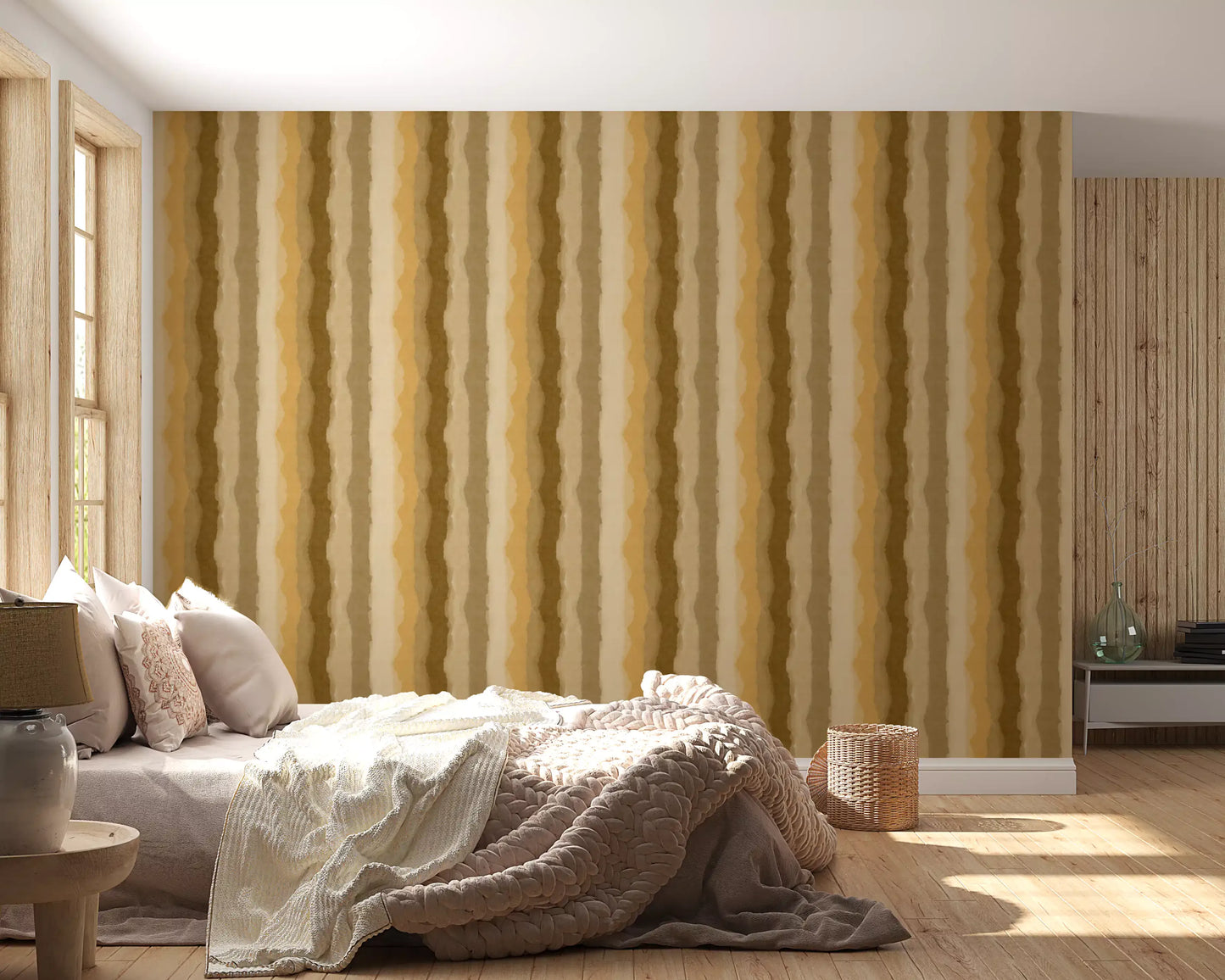 Painted stripe wallpaper with honey gold and cream shades
