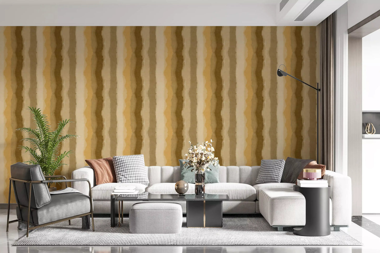 Contemporary wallpaper featuring ocher brushstroke stripes
