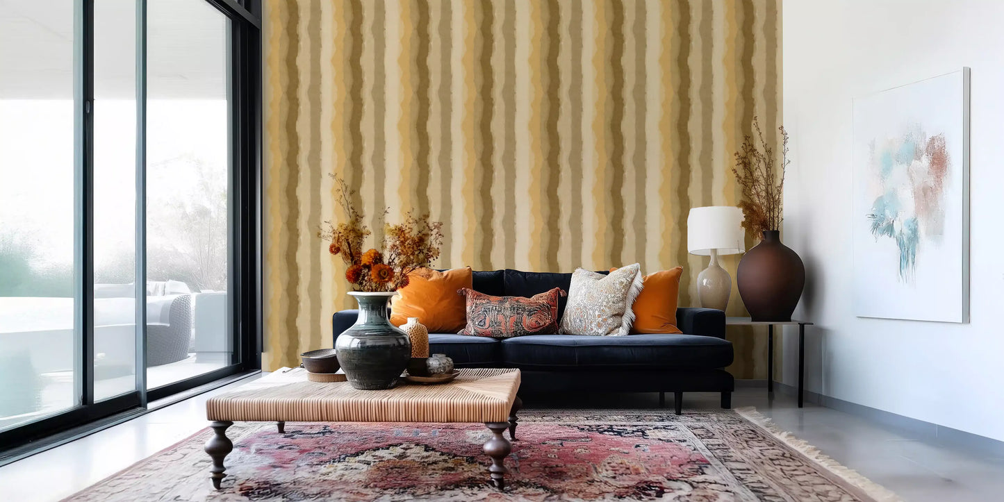 Ocher brushstroke wallpaper with subtle striped design
