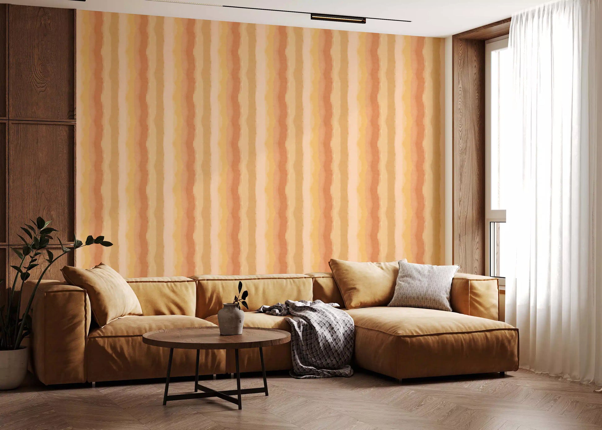 Warm stripe wallpaper with flowing painted brushstroke design
