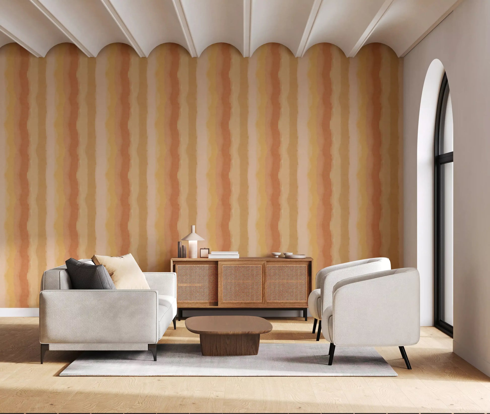 Watercolor stripe wallpaper in warm sunshine yellow tones