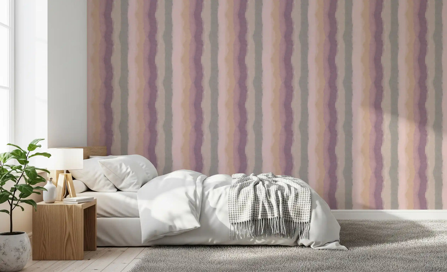 Contemporary wallpaper with blush pink painted stripes
