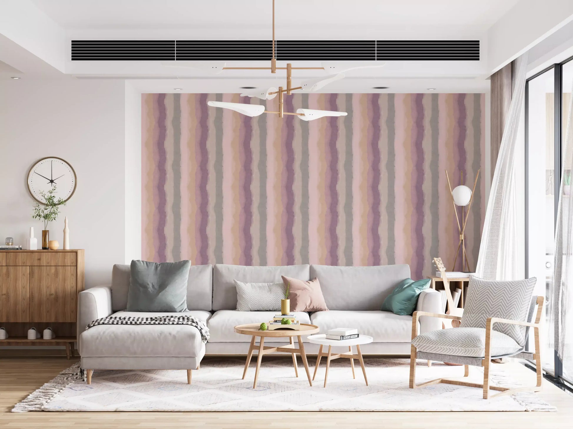 Painted stripe wallpaper with warm coral and cream shades
