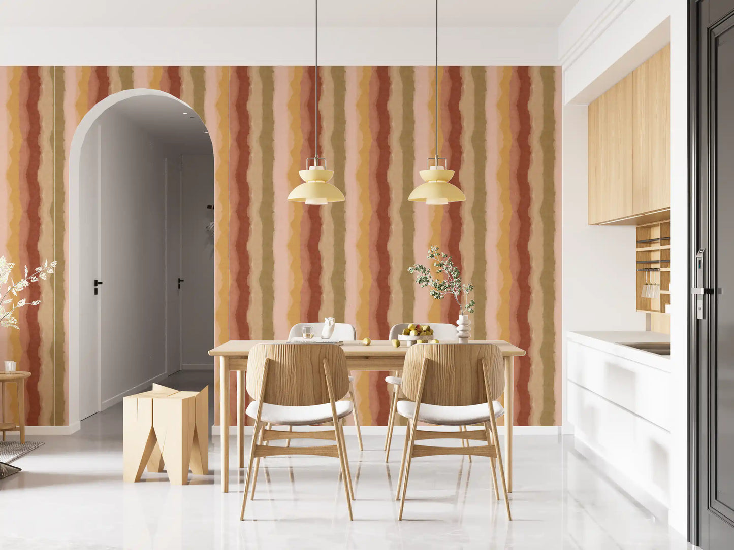Painted stripe wallpaper with terracotta and peach tones
