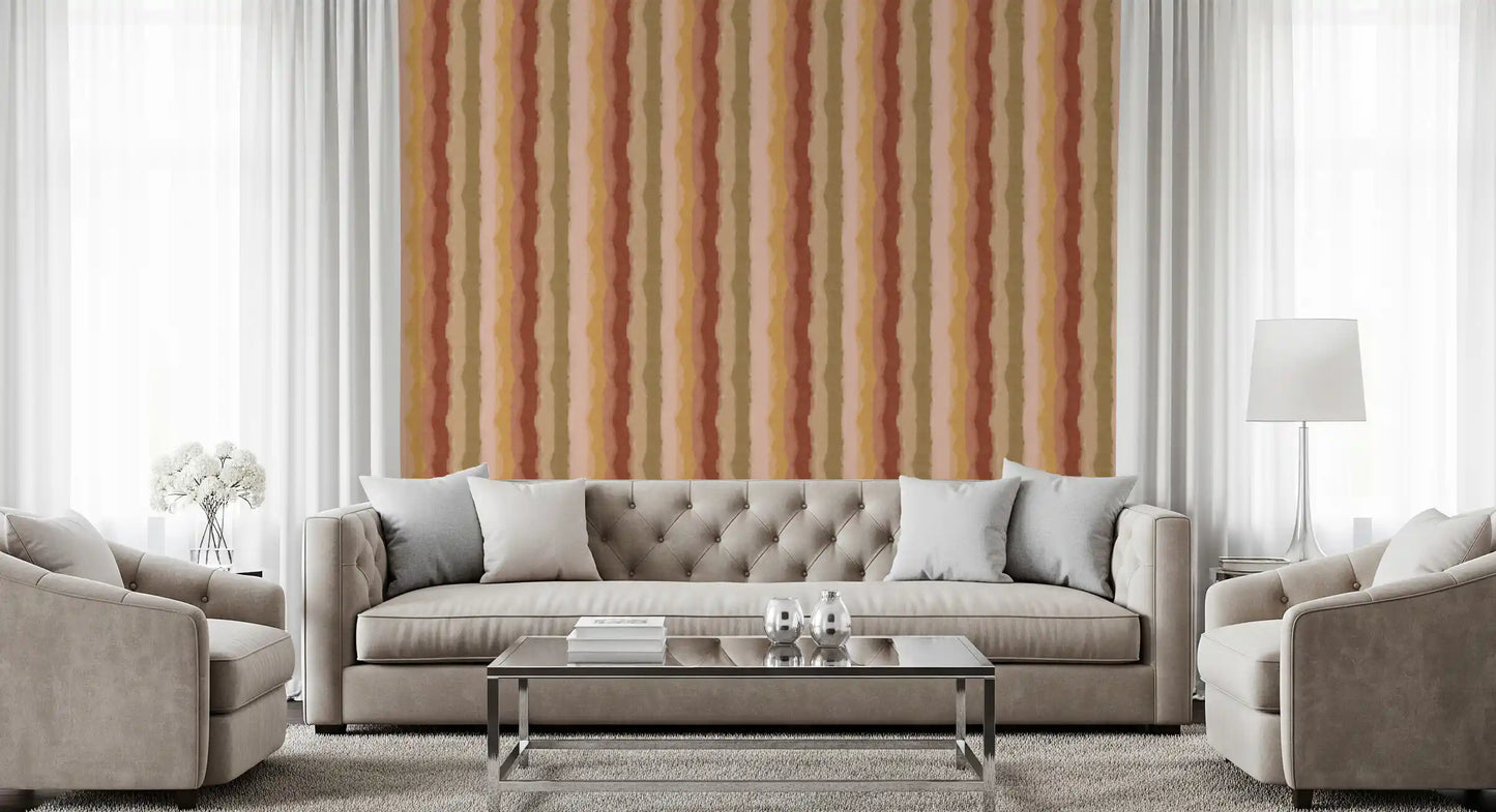 Hand painted stripe wallpaper in peach and terracotta hues
