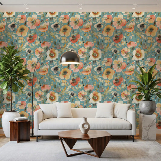 Watercolor botanical wallpaper in teal and peach colour tones

