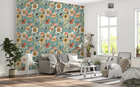 Floral pattern wallpaper with peach flowers and teal leaves
