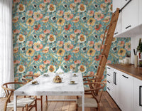 Teal and peach floral wallpaper with delicate painted flowers
