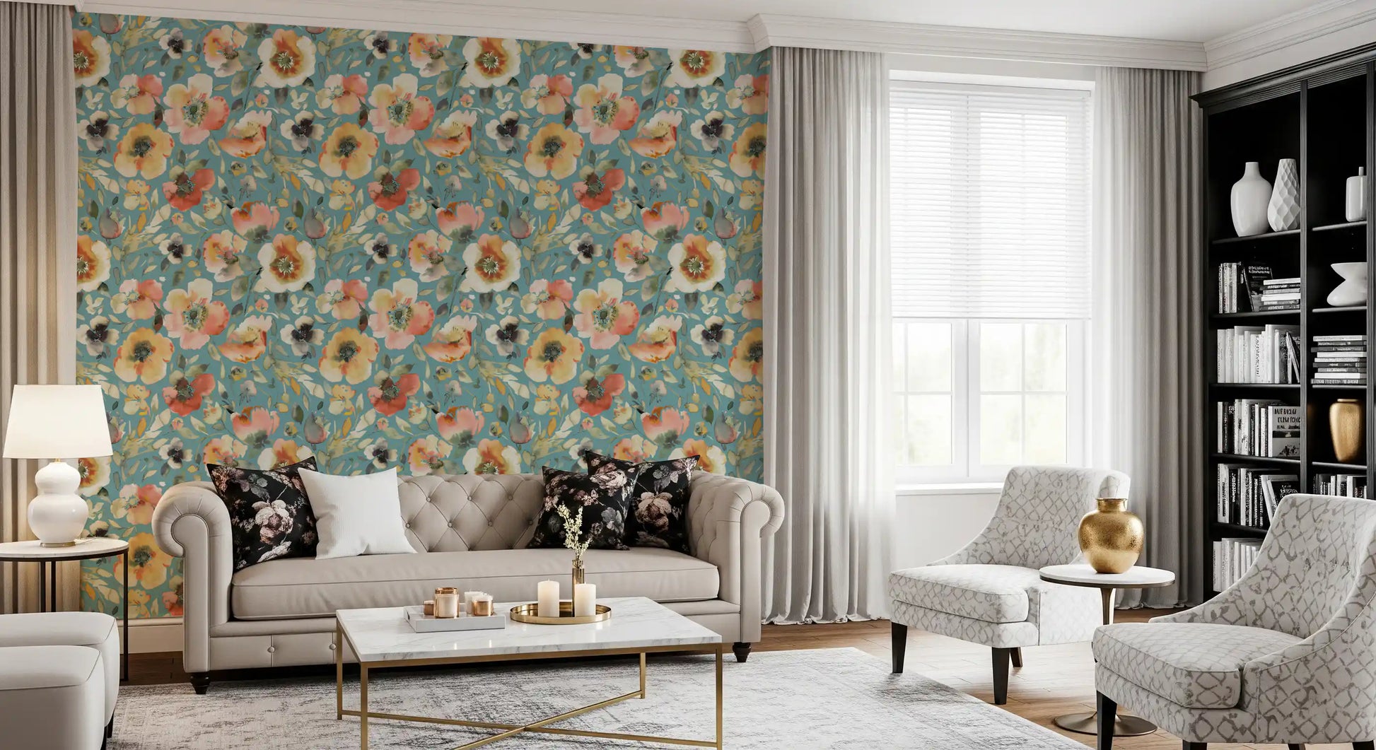 Delicate flower wallpaper with painted blooms and foliage
