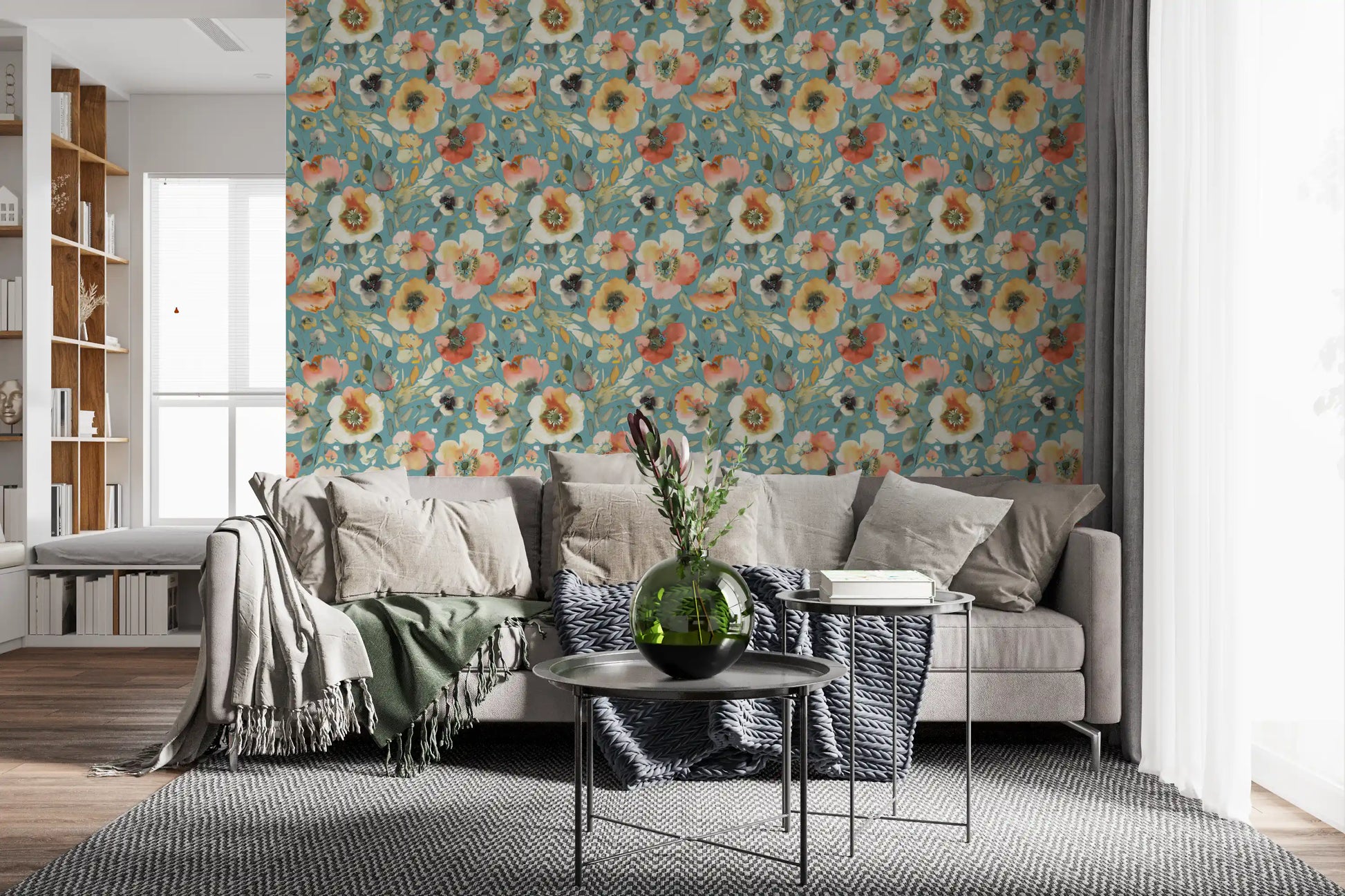 Soft floral wallpaper with teal greenery and peach blossoms
