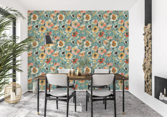 Floral wallpaper with teal leaves and peach watercolor blooms
