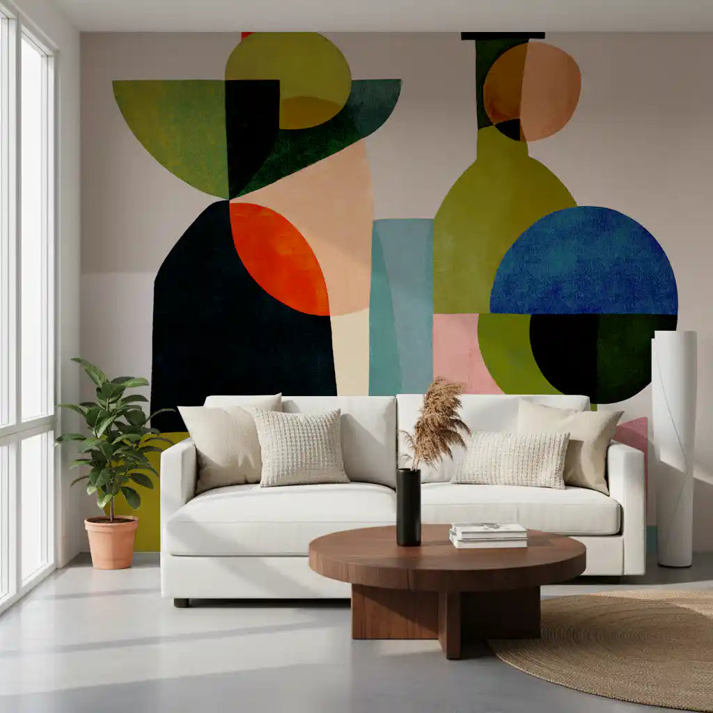 Bold pottery silhouettes set a calm living room in Abstract Vessel Study Wall Mural.
