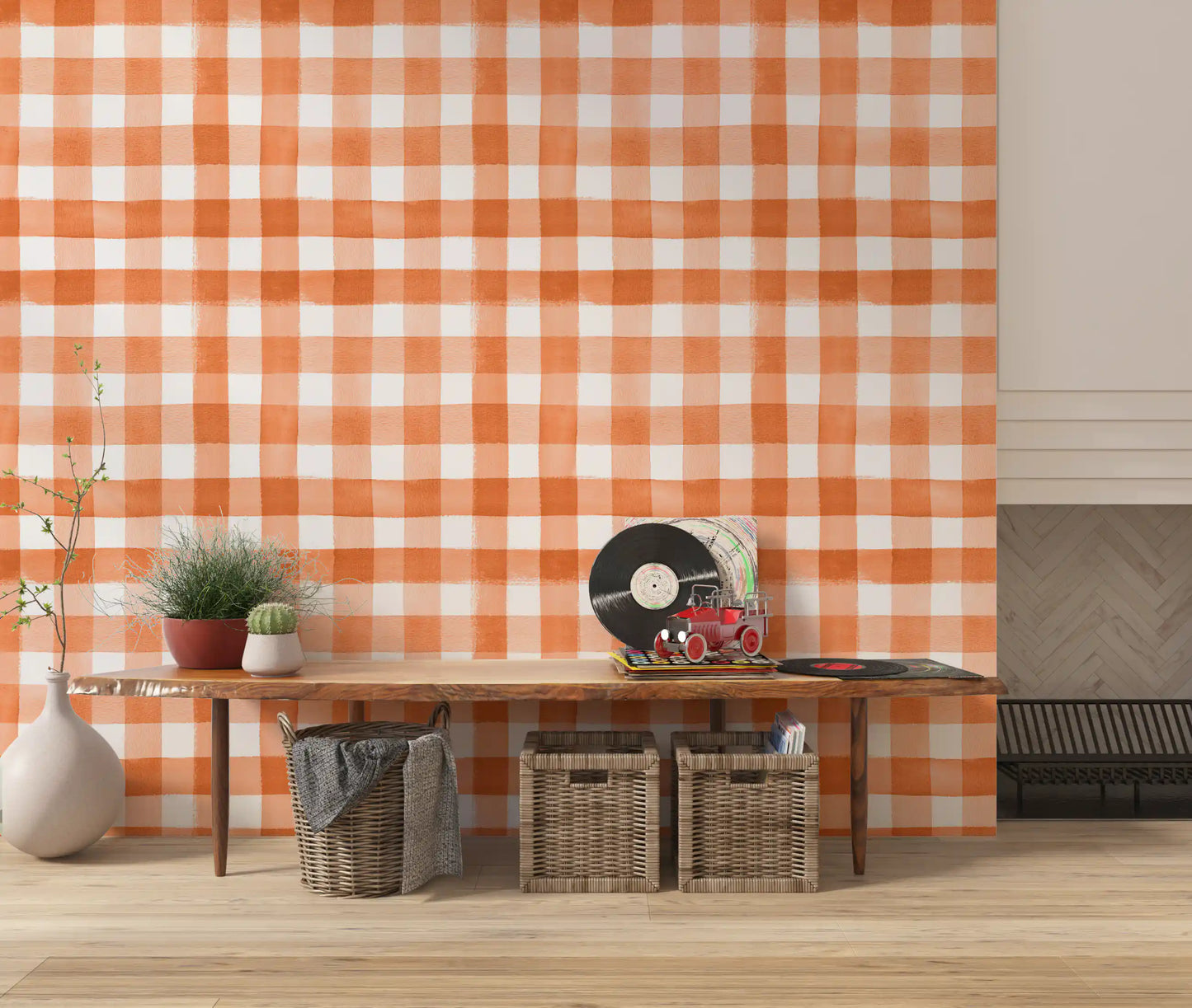Hand-Painted Terracotta Gingham Wallpaper⁠