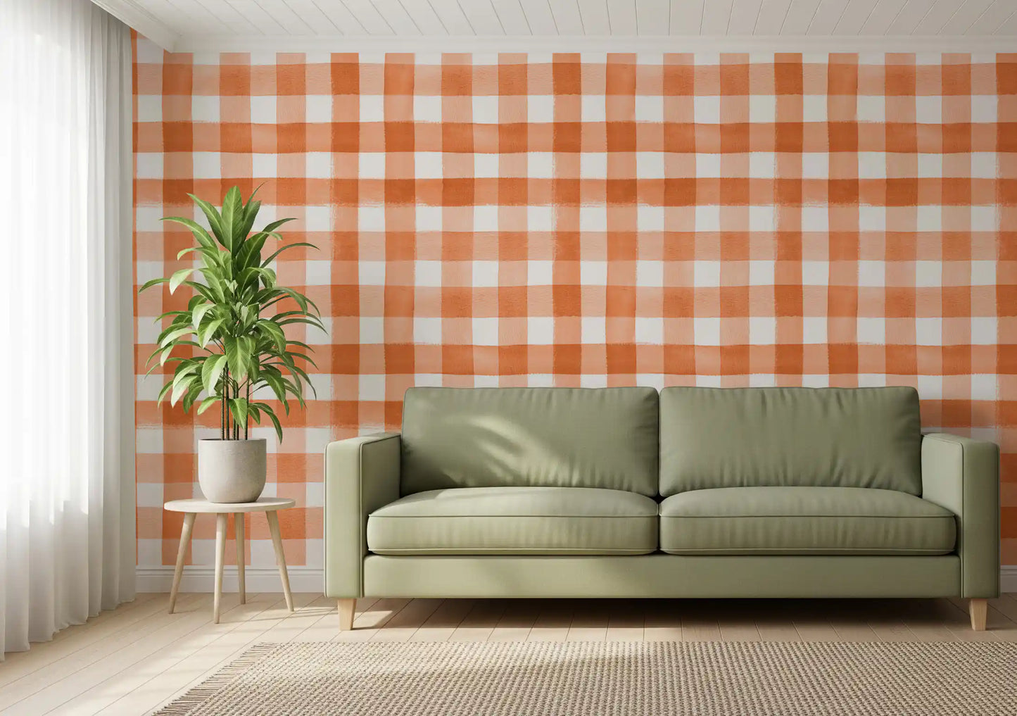 Hand-Painted Terracotta Gingham Wallpaper⁠