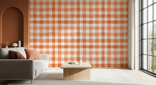 Hallway terracotta gingham wallpaper with warm checks and soft brush texture