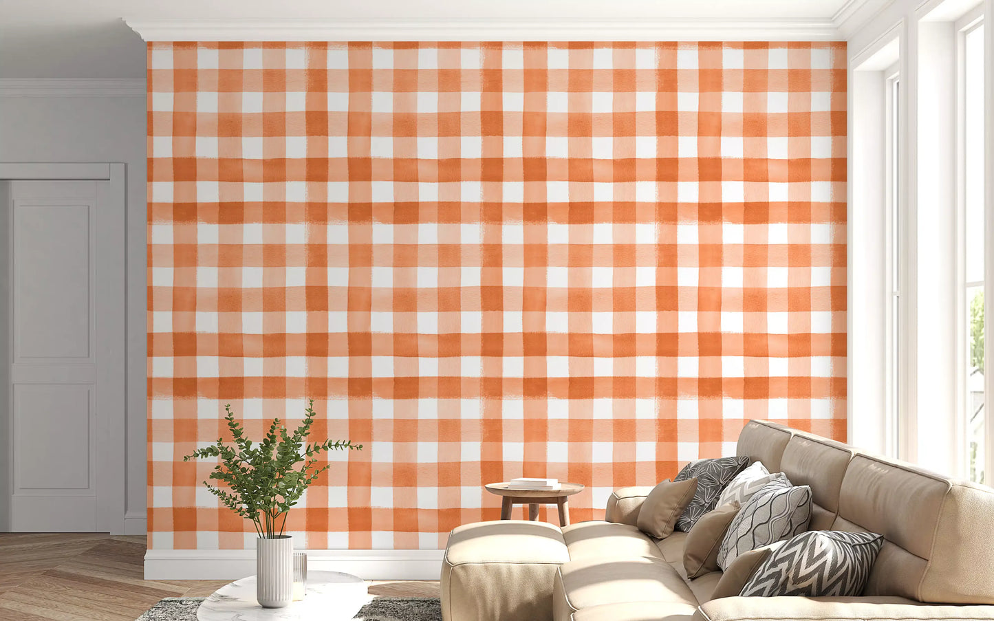 Hand-Painted Terracotta Gingham Wallpaper⁠