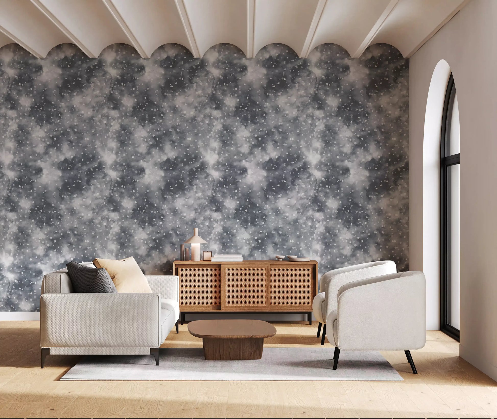 Light Dots Wallpaper in silver grey tones with cloudy abstract background