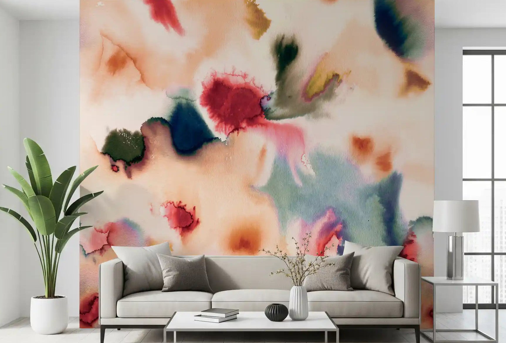 Living room Abstract Watercolor Flow Wall Mural with soft coral and teal washes