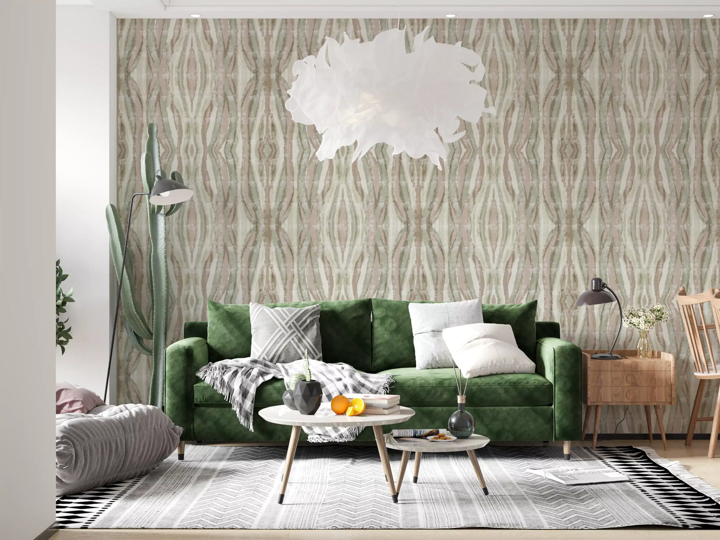 Muted striped wallpaper with organic rhythm and a pale textured surface