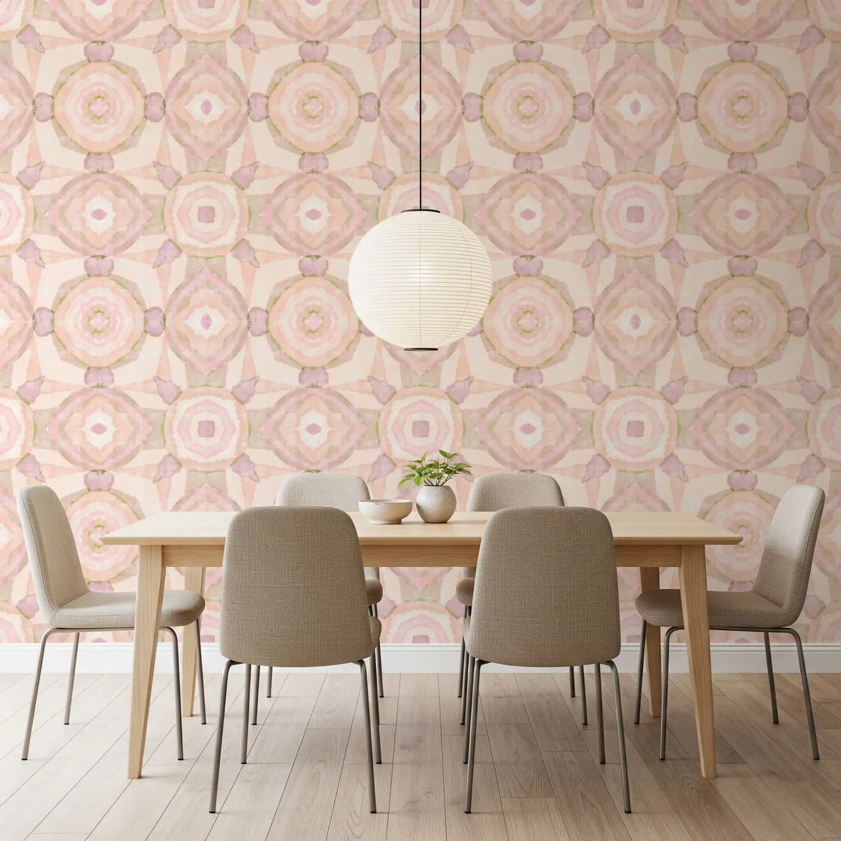 dining room Soft Watercolor Harmony Wallpaper with blush mirrored pattern