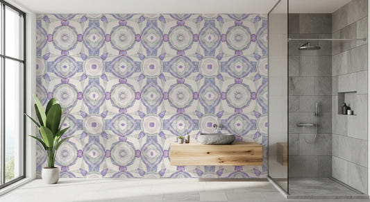 Bathroom Muted Harmony Kaleidoscope Wallpaper with soft mirrored forms