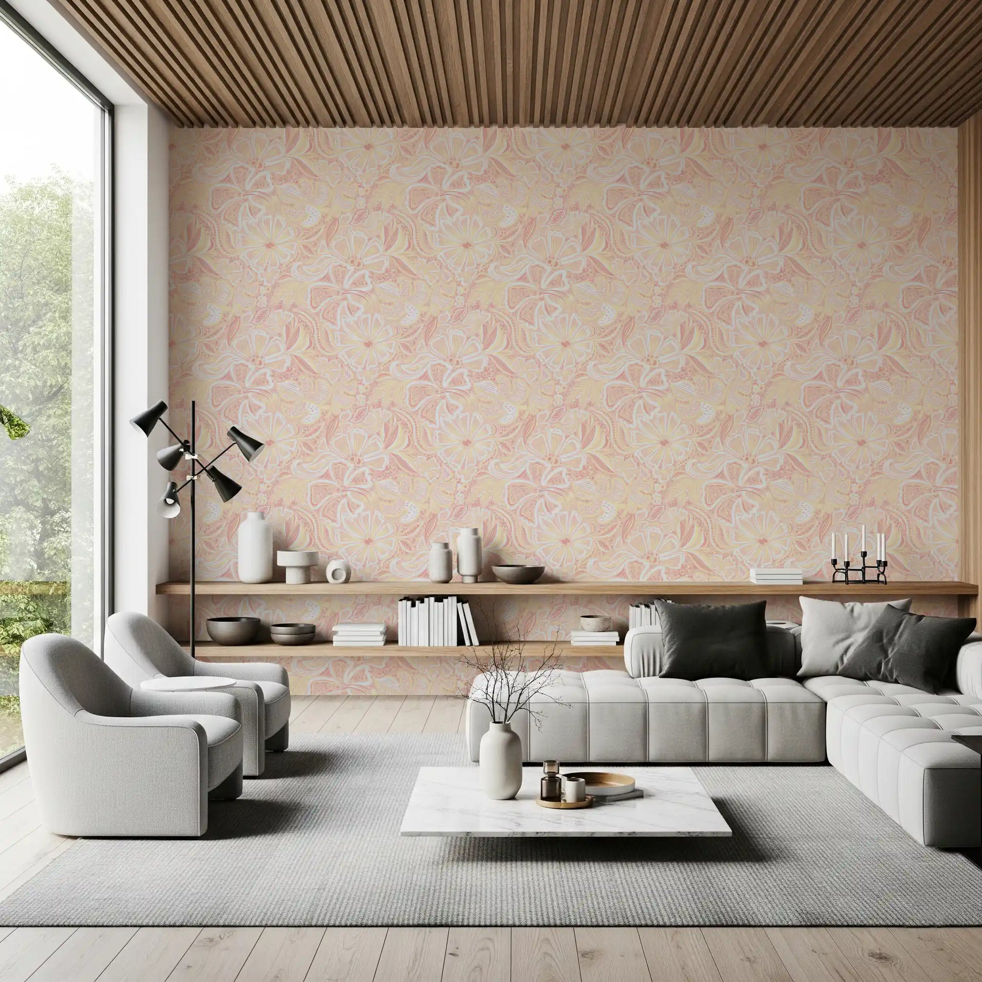 Living room Floral Whimsy Wallpaper showing peach flowers and soft leafy detail