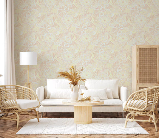 Living room Whimsical Pastel Bloom Wallpaper with soft floral swirl detail