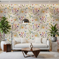 Wildflower Meadow Wallpaper featuring pink, yellow, blue, and lavender blooms