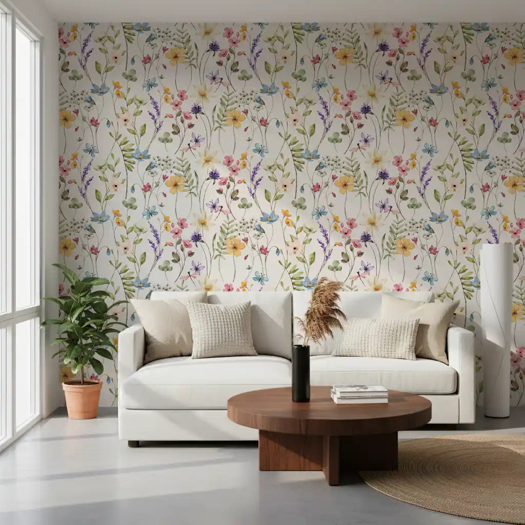 Watercolour wildflower wallpaper with soft petals and gentle meadow movement