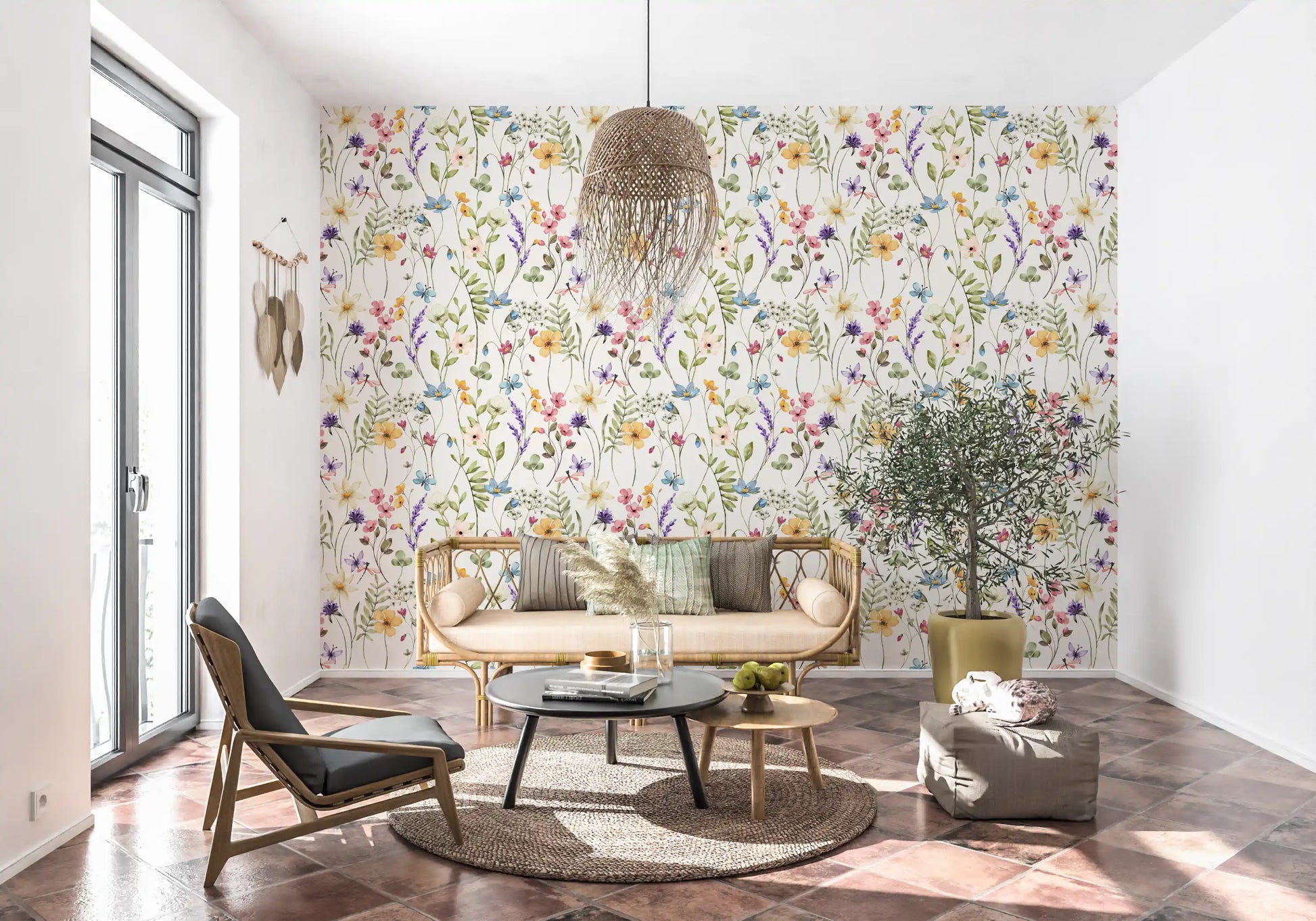 Meadow floral wallpaper with slim stems, green leaves, and airy white ground